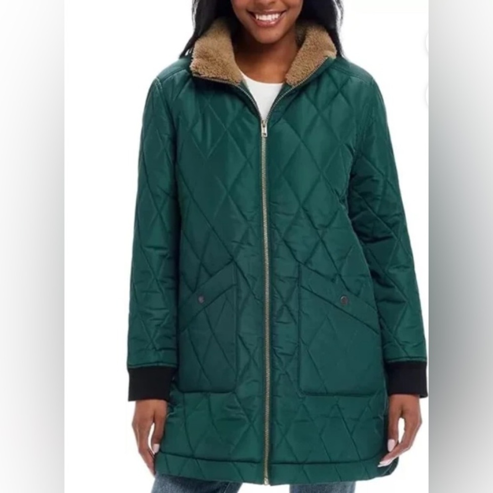 NWT Weatherproof Women’s Quilted Faux Fur Lined Coat Green pockets Medium